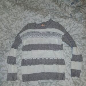 Mazik Gray and White Striped Lace-Trim Crew Sweater